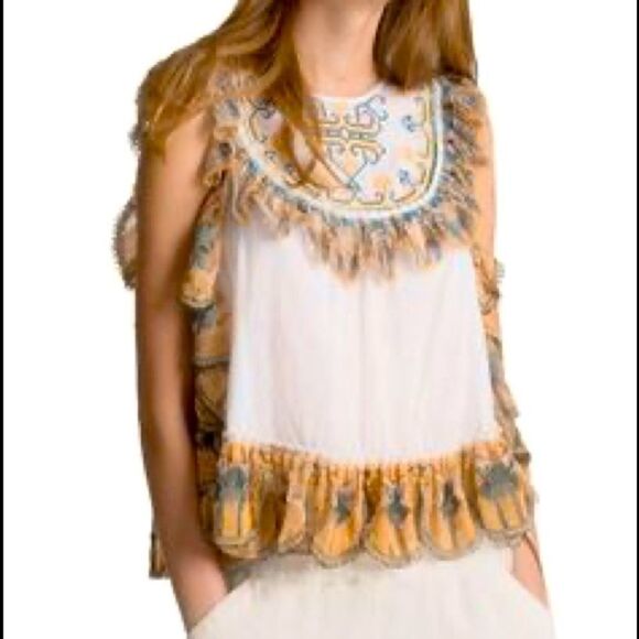 Leon Max Embroidered Cotton Boho Ruffle Sleeveless Artsy Top M - Picture 2 of 12
